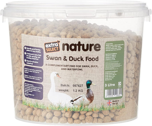 Extra Select Premium Swan and Duck Food Floating Pellets - Nutritious and Healthy Feed for Wild Geese, Ducklings and Waterfowl - Resealable Bucket 3 Ltr