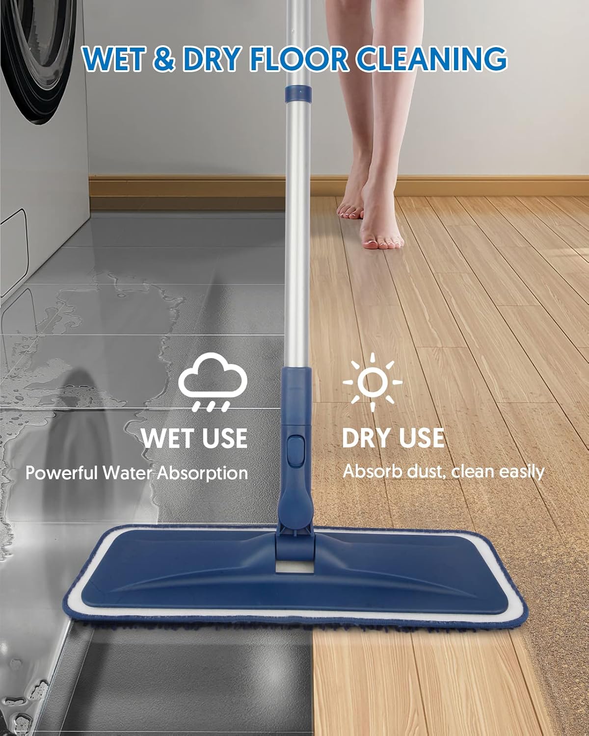 Microfibre Mops for Cleaning Floors - BPAWA 150cm Flat Floor Mop with 4 Washable Pads Reusable Chenille Wet Dry for Mopping Dust Hard Wood Laminate Vinyl Tile Wooden Small Bathroom Kitchen Walls