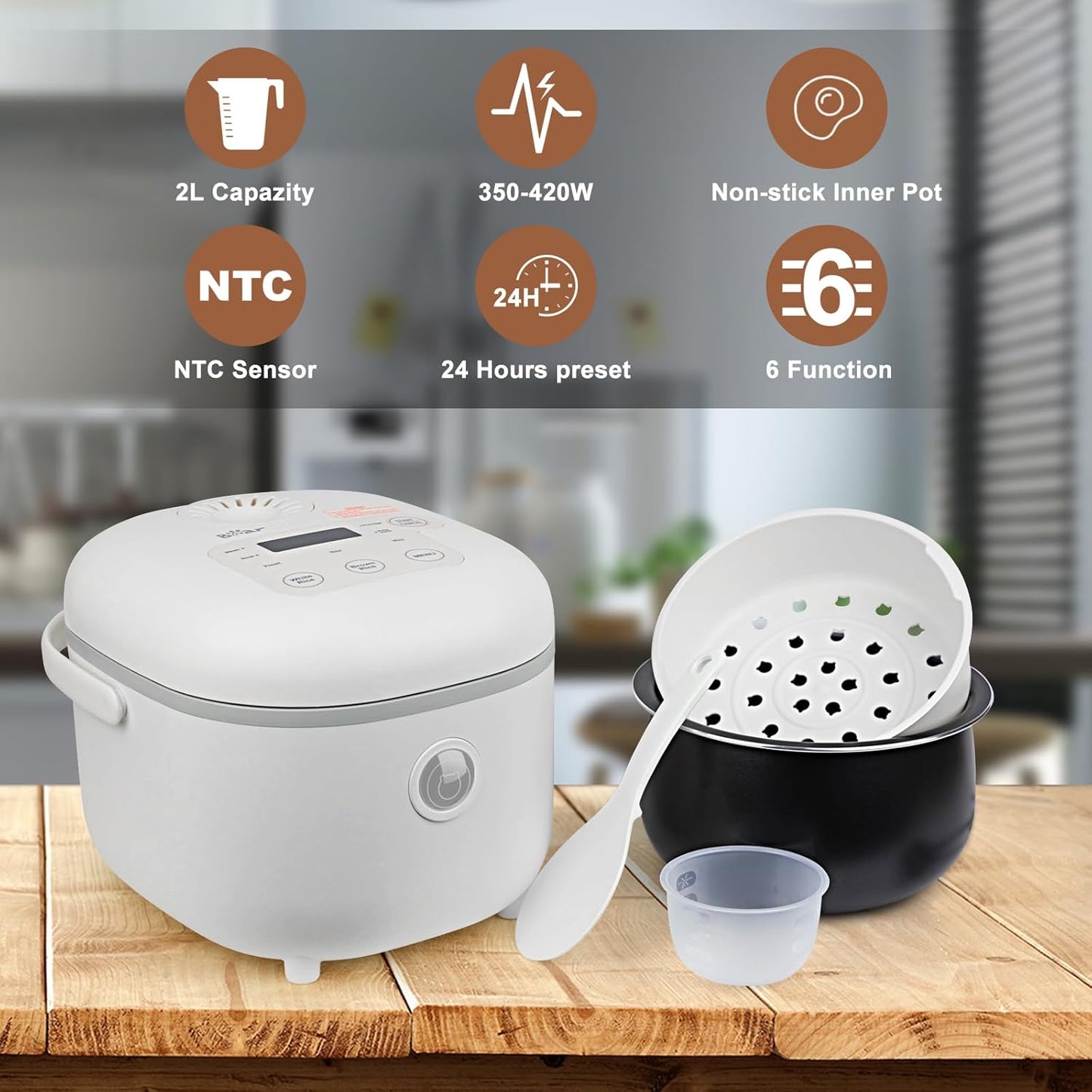 Bear 6 Multifunctional 4 Cups(Uncooked) Rice Cooker with Steamer for 1-4 People, Perfect for White/Brown Rice, Porridge, and Soup, White Rice Cooker
