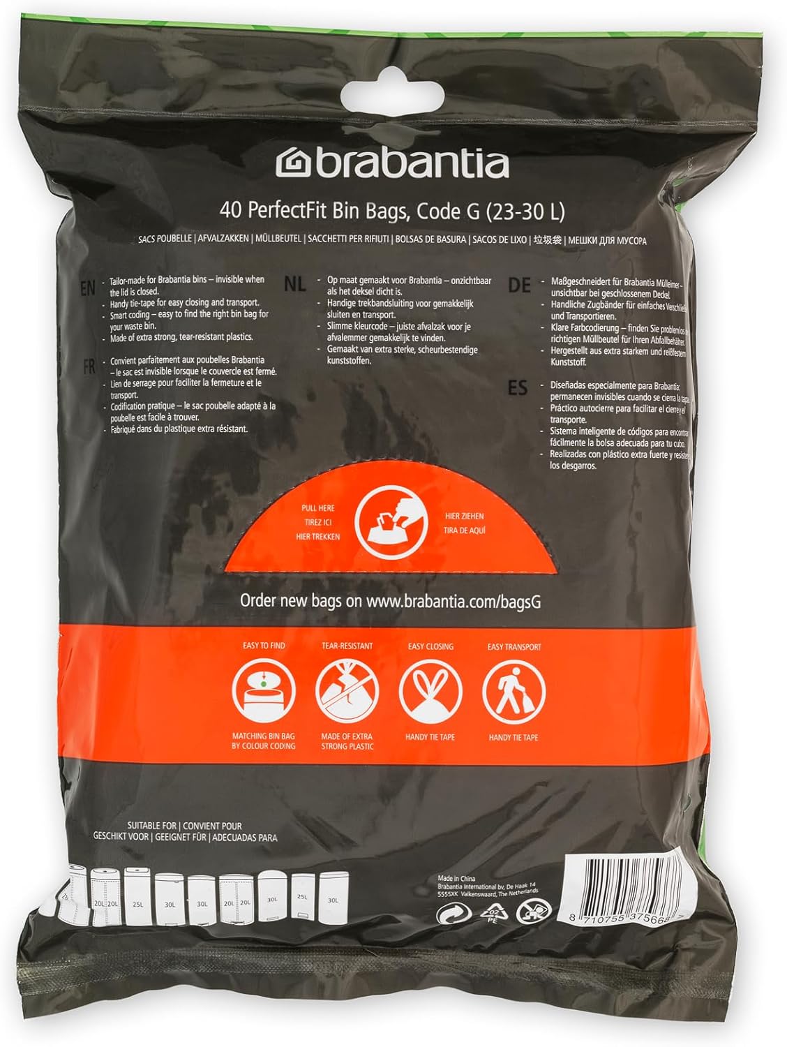 Brabantia PerfectFit Bin Liners (Size G/23-30 Litre) Thick Plastic Trash Bags with Tie Tape Drawstring Handles (40 Bags)