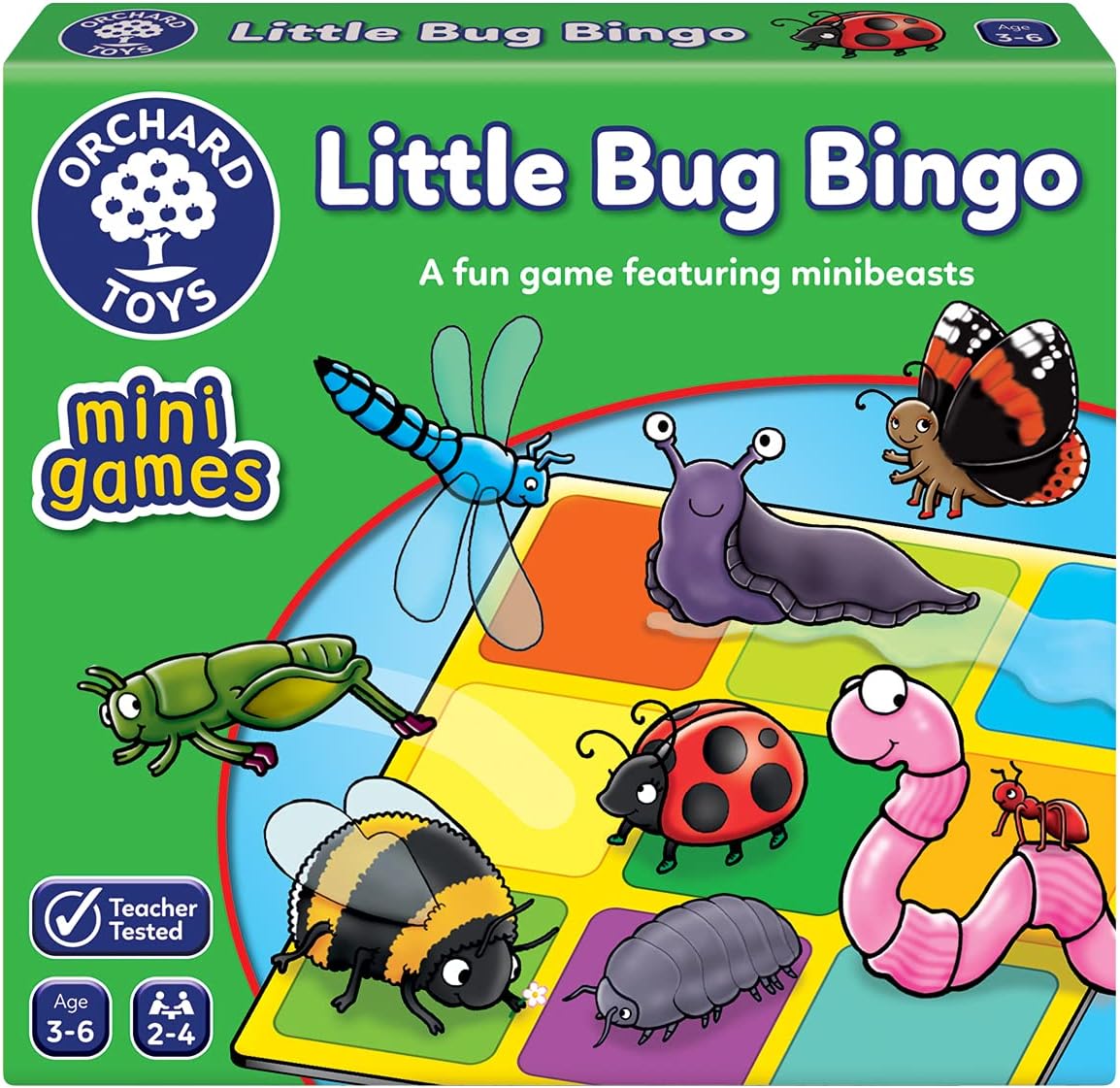 Orchard Toys Little Bug Bingo - Compact Mini Games for Boys, Girls, and Toddlers - Matching Games for 3+ Year Olds - Holiday Travel Games for Kids - 2-4 Players