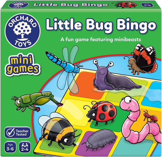 Orchard Toys Little Bug Bingo - Compact Mini Games for Boys, Girls, and Toddlers - Matching Games for 3+ Year Olds - Holiday Travel Games for Kids - 2-4 Players