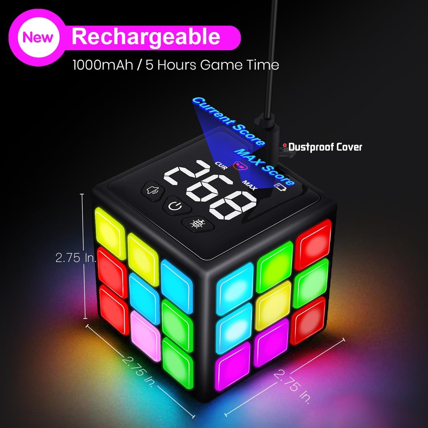 Rechargeable Game Handheld Cube, 15 Fun Brain & Memory Game with Score Screen, Cool Toys for Kids, Christmas Birthday Gifts for Boys Girls Aged 6-12+ Years Old (Black)
