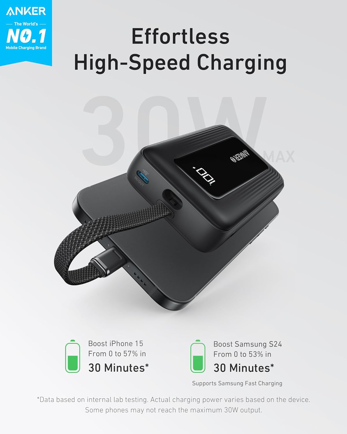 Anker Zolo Portable Charger 10,000mAh – 30W Fast Charging with Built-In USB-C Cable – Compatible with iPhone 16/15 Series, Galaxy, iPad & More