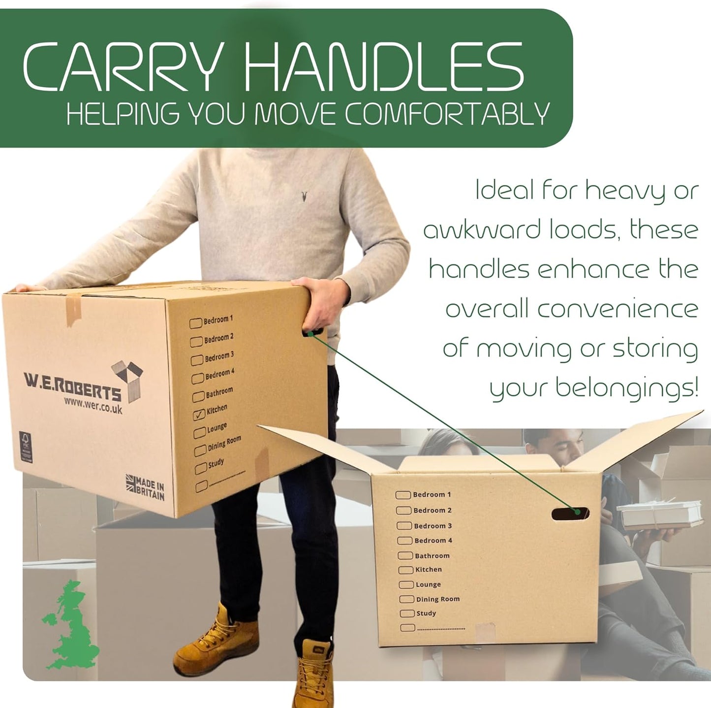 W.E. Roberts 10 Strong Extra Large Cardboard moving Boxes. Packing boxes for moving house with Printed Room List and Carry Handles 52cm x 52cm x 40cm cardboard Boxes