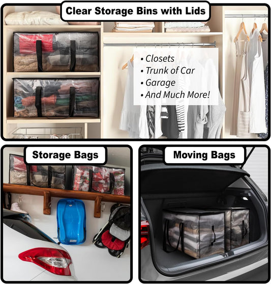 ClearSpace Large Moving Boxes & Storage Bags – Oversized Packing Bags with Backpack Straps, Zippers & Handles – Heavy-Duty for College Dorm, Christmas Decorations, 6 Pack