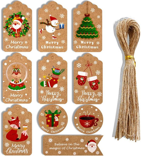 DOJoykey Xmas Gift Tags, 50pcs 10 Design Kraft Paper Christmas Labels with 50pcs Jute String for Gift Christmas Tree Decoration