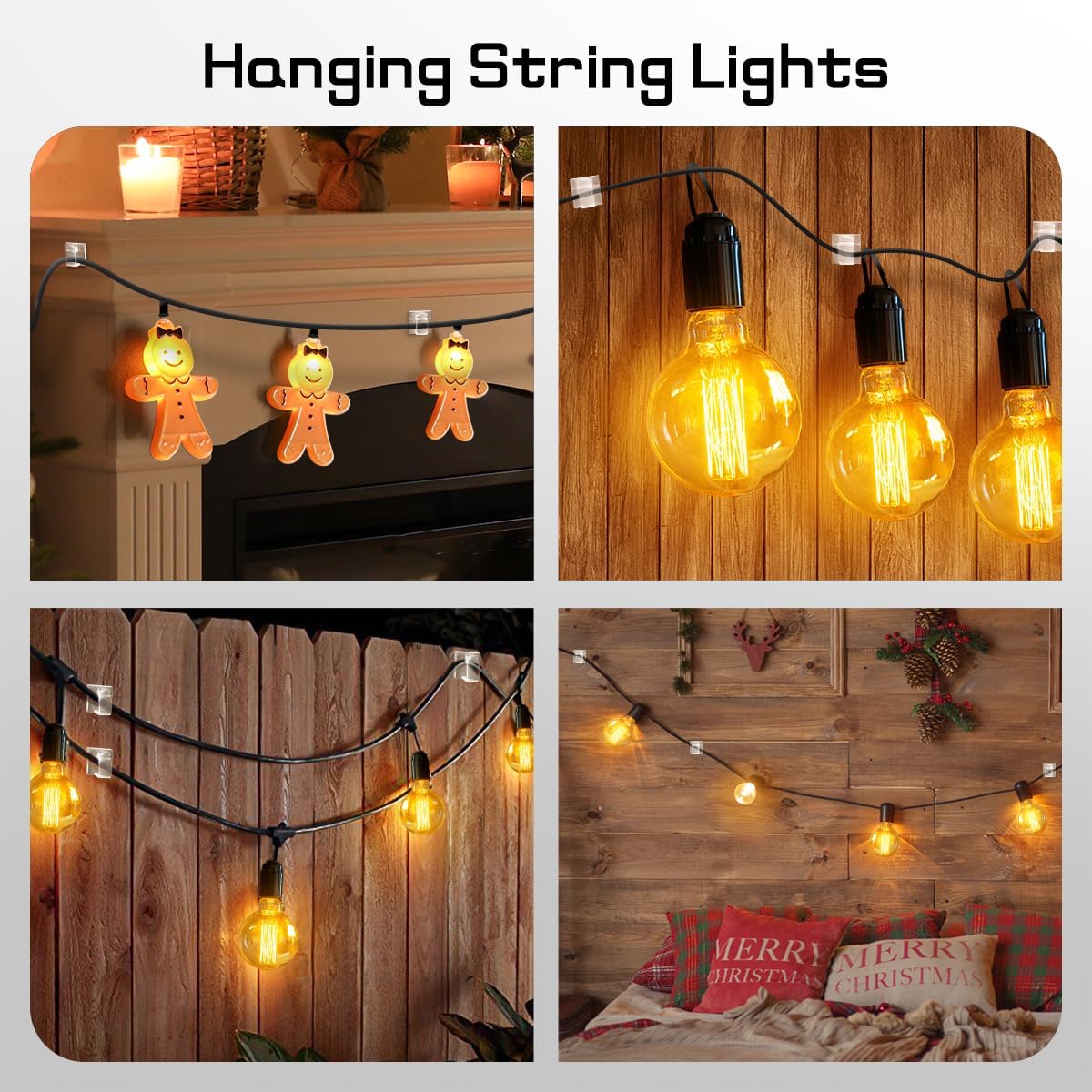 KGROTE 60Pcs Outdoor Light Hooks, Adhesive Fairy Light Clips, Sticky Cable Organizer Holder, Indoor Light Clips for Hanging Christmas Lights, Wall Cable, String Lights, Decorations (Clear, Small)