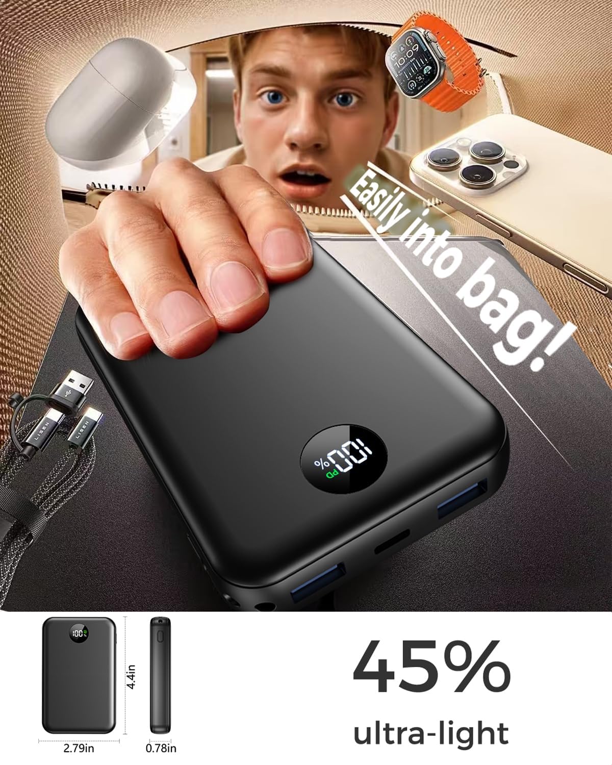 Power Bank Fast Charging 27000mAh, 22.5W Portable Charger(USB-C Input & Output), PD 3.0 QC 3.0 External Mobile Phone Battery with LED Display, Compatible with iPhone 16 15 14 13 12 Pro Max and More