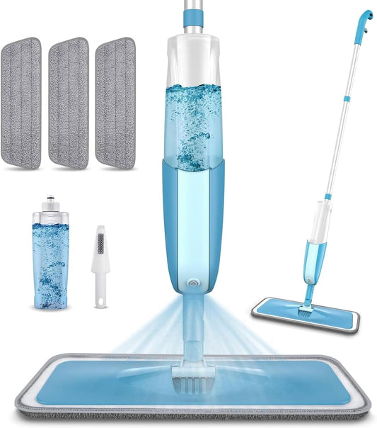 PAPCLEAN Microfibre Spray Mop with 3 Reusable Pads and Refillable Bottle, 360 Degree Spin Mop for Hardwood, Marble, Tile, Laminate, or Ceramic Floors - Cyan Blue