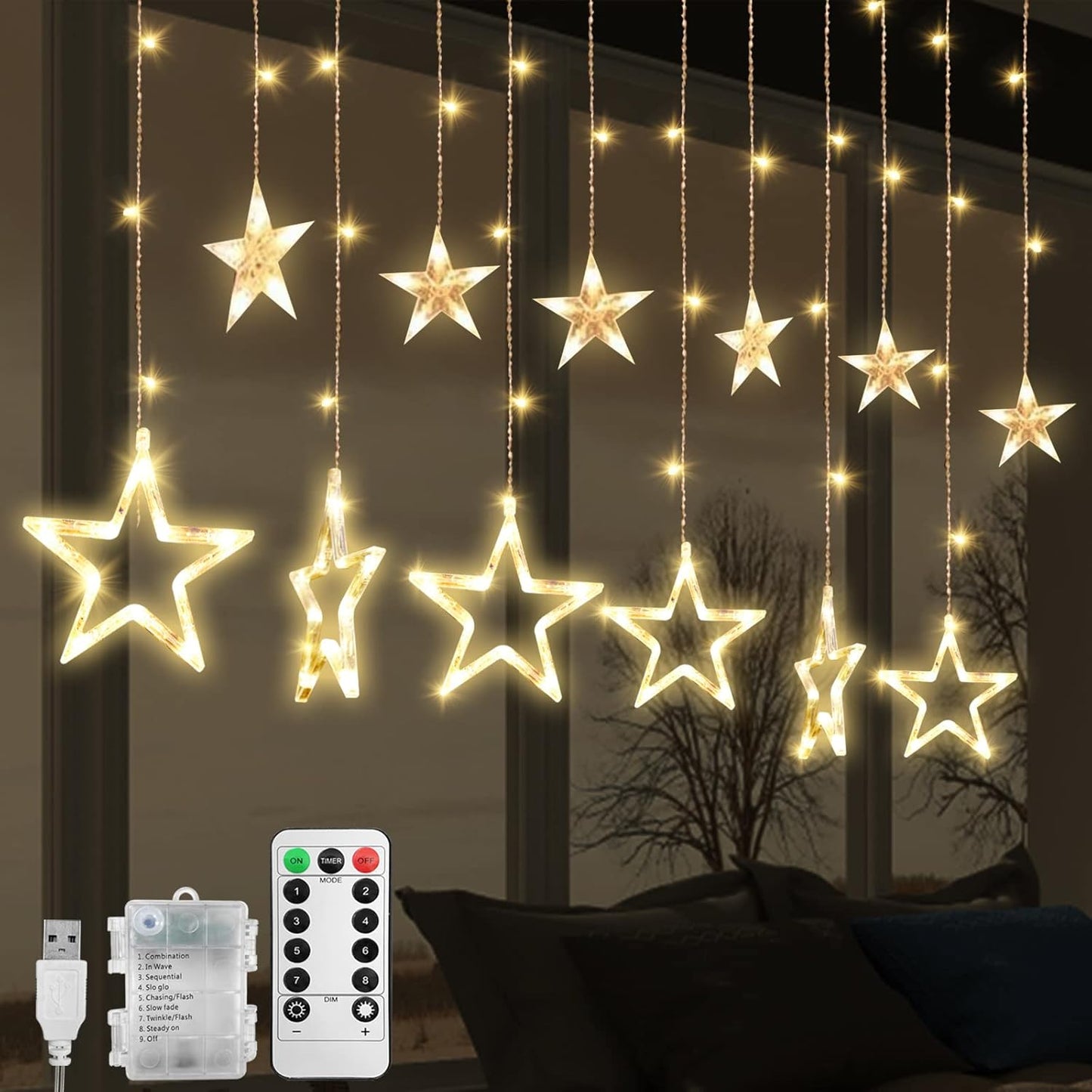 Jsdoin Christmas LED Stars Curtain Lights,12 Stars 138 Window Curtain String Lights with 8 Flashing Modes Decoration for Wedding, Party,Wall, Home Decorations,USB/Battery Powered (Warm White)