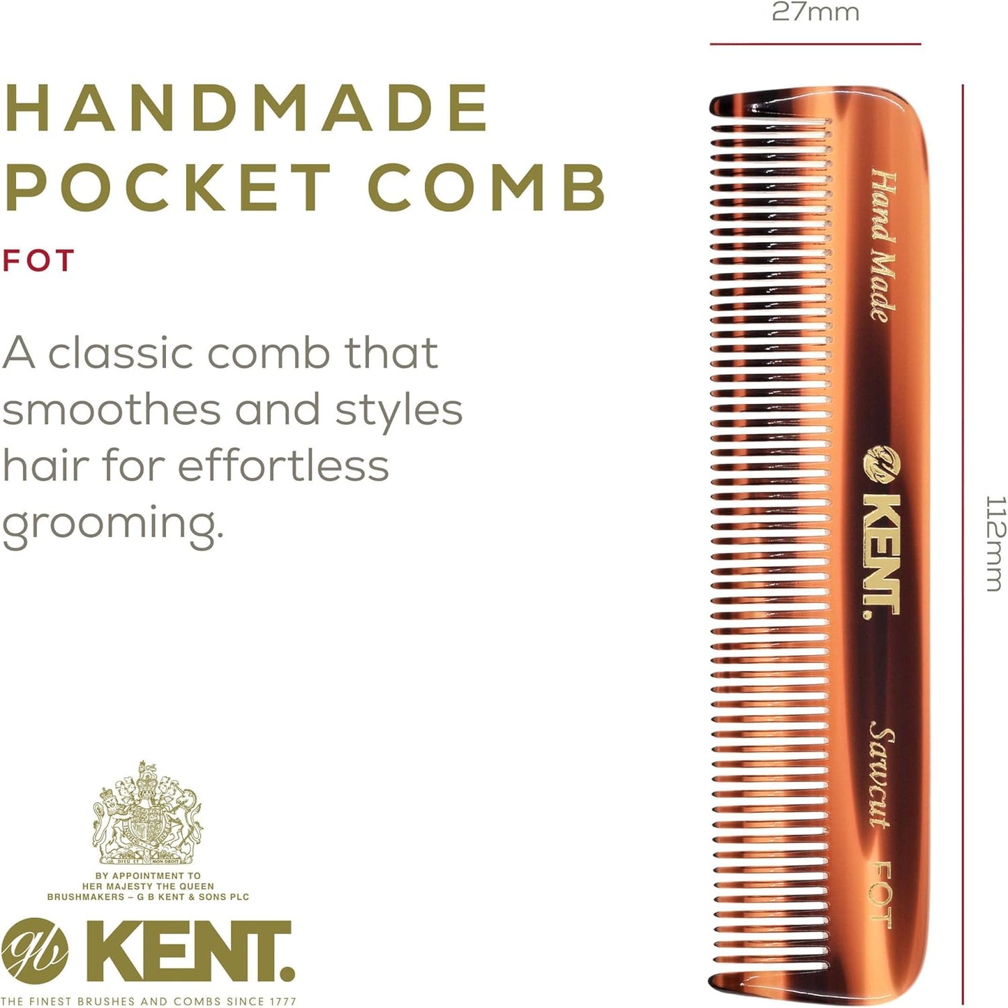 Kent Handmade Coarse/Fine Toothed Styling Pocket Comb, Length-11.2 cm