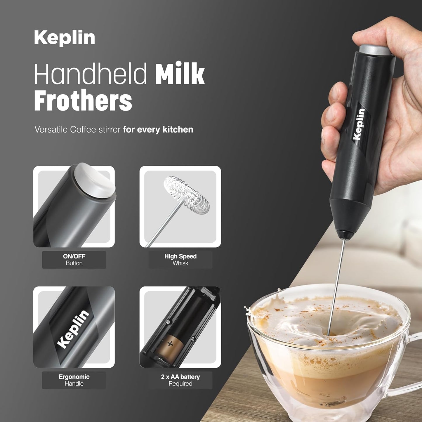 Keplin Handheld Milk Frother – Stainless Steel Electric Whisk, Portable Battery-Operated Coffee Frother for Lattes, Matcha & Protein Shakes – Ergonomic & Easy to Clean (Black)