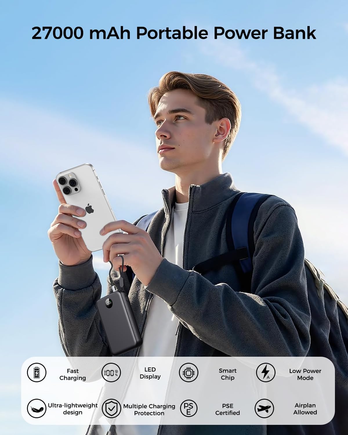 Power Bank Fast Charging 27000mAh, 22.5W Portable Charger(USB-C Input & Output), PD 3.0 QC 3.0 External Mobile Phone Battery with LED Display, Compatible with iPhone 16 15 14 13 12 Pro Max and More