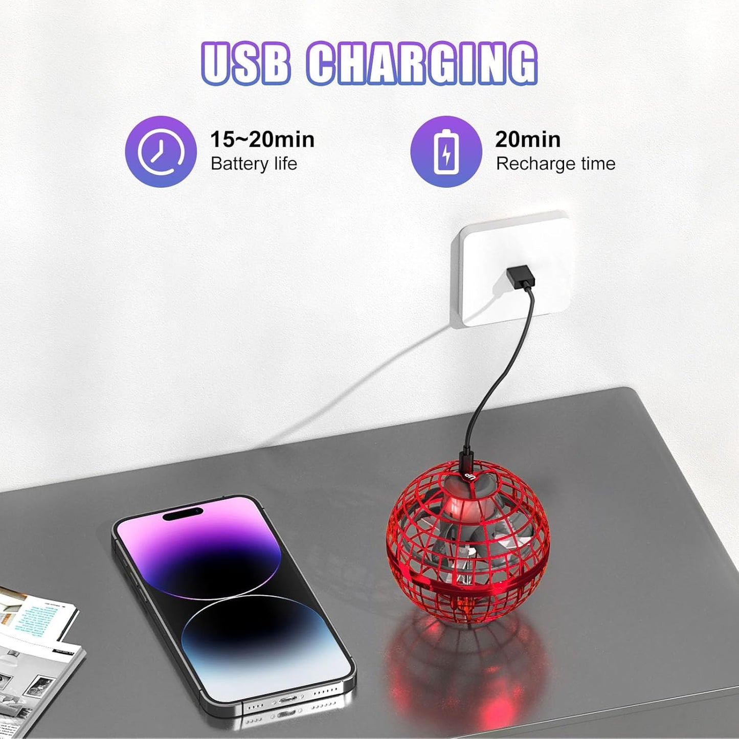 XINHOME Flying Ball Orb Toys Hover Ball Pro Flying Spinner Toy UFO RGB Cool Stuff Globe Orbi Magic Boomerang Hand Controller Mini Drone for 8 9 10 11 12 boys girls Kids (Red)