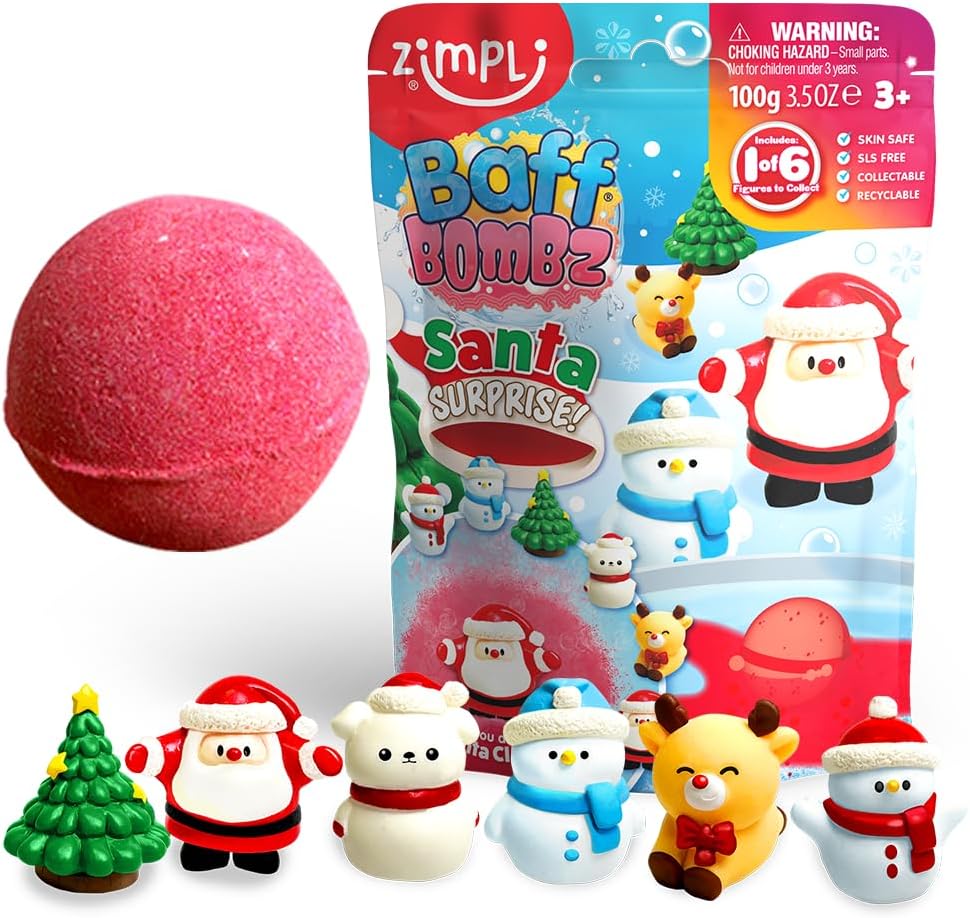 ZIMPLI - Large Santa Surprise Bath Bomb, Contains 6 Surprise Christmas Toys to Collect in Total, One per Baff Bomb, Stocking Filler for Boys Girls 4 5 6 7 8 9