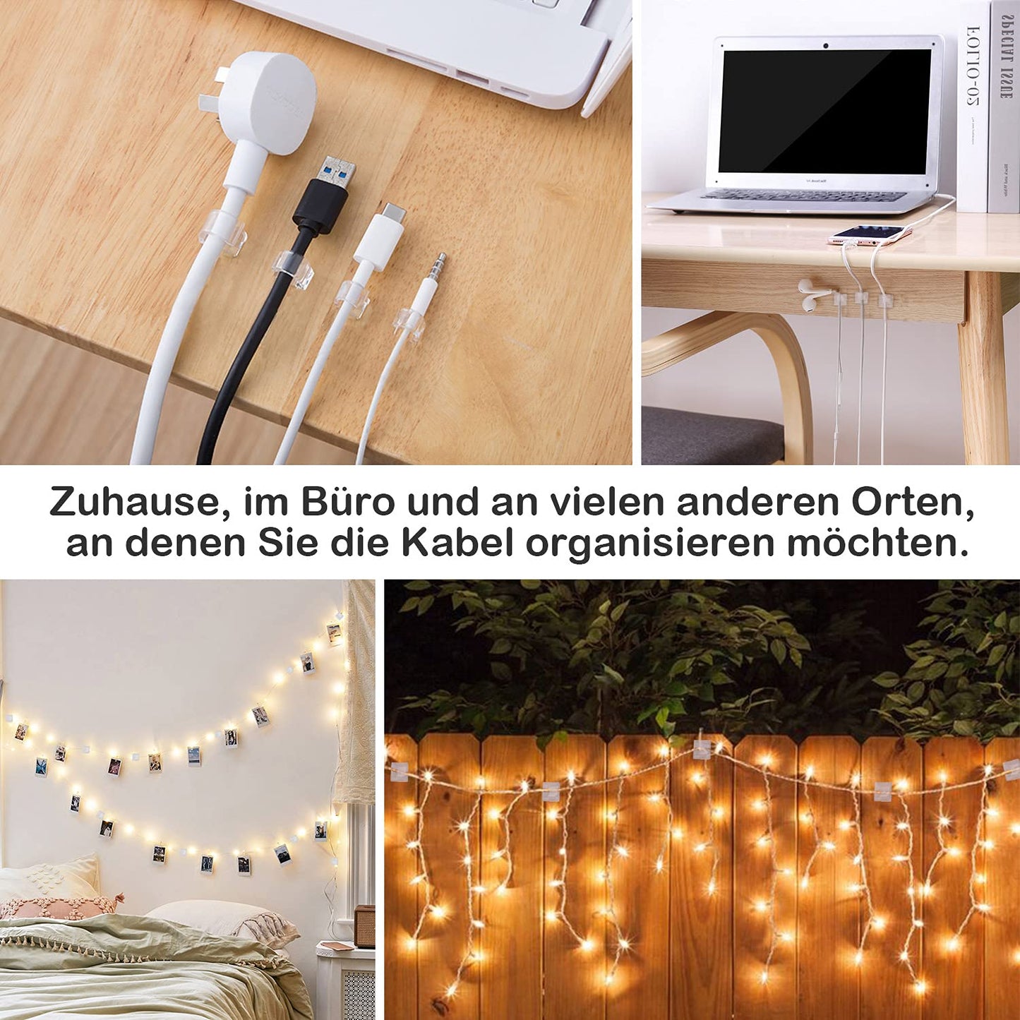 60PCS Cable Clips, RYCHUI Outdoor Light Wire Clips Self Adhesive Cable Tidy Hooks Cord Organiser Holder for Cable Management, Christmas Hanging Decorations Fairy Light - Transparent