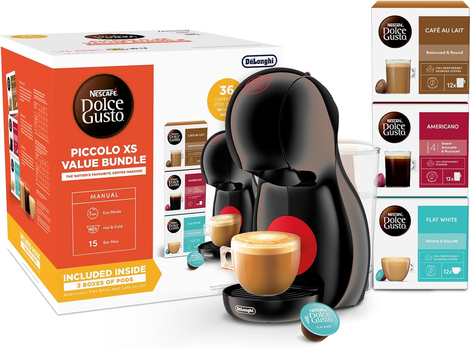 NESCAFÉ Dolce Gusto EDG210.B Piccolo XS Manual Coffee Machine Black by DeLonghi - Value Bundle