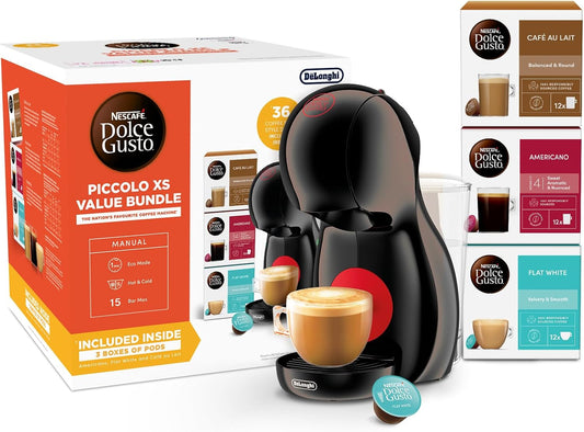 NESCAFÉ Dolce Gusto EDG210.B Piccolo XS Manual Coffee Machine Black by DeLonghi - Value Bundle