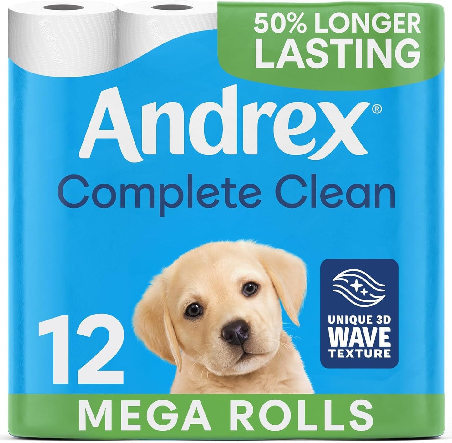 Andrex Complete Clean 12 Mega Toilet Rolls= 18 Standard Toilet Rolls, 50% Longer Lasting Paper with unique 3D Wave Texture for a Proven, Effective Clean, FSC Certified