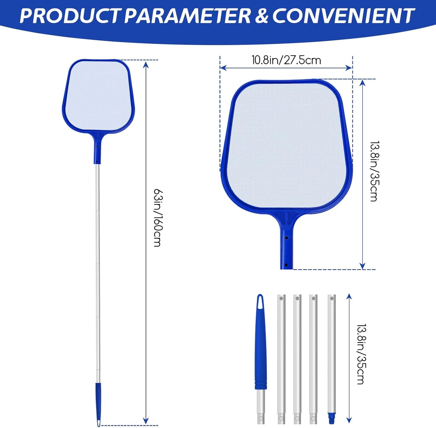 Jsdoin Swimming Pool Skimmer Net, Adjustable 5 Connecting 48Inch Aluminium Telescopic Pole, Pond Nets for Cleaning, Fine Mesh Leaf Skimmer Netting for Garden Pond Hot Tub Net, Blue