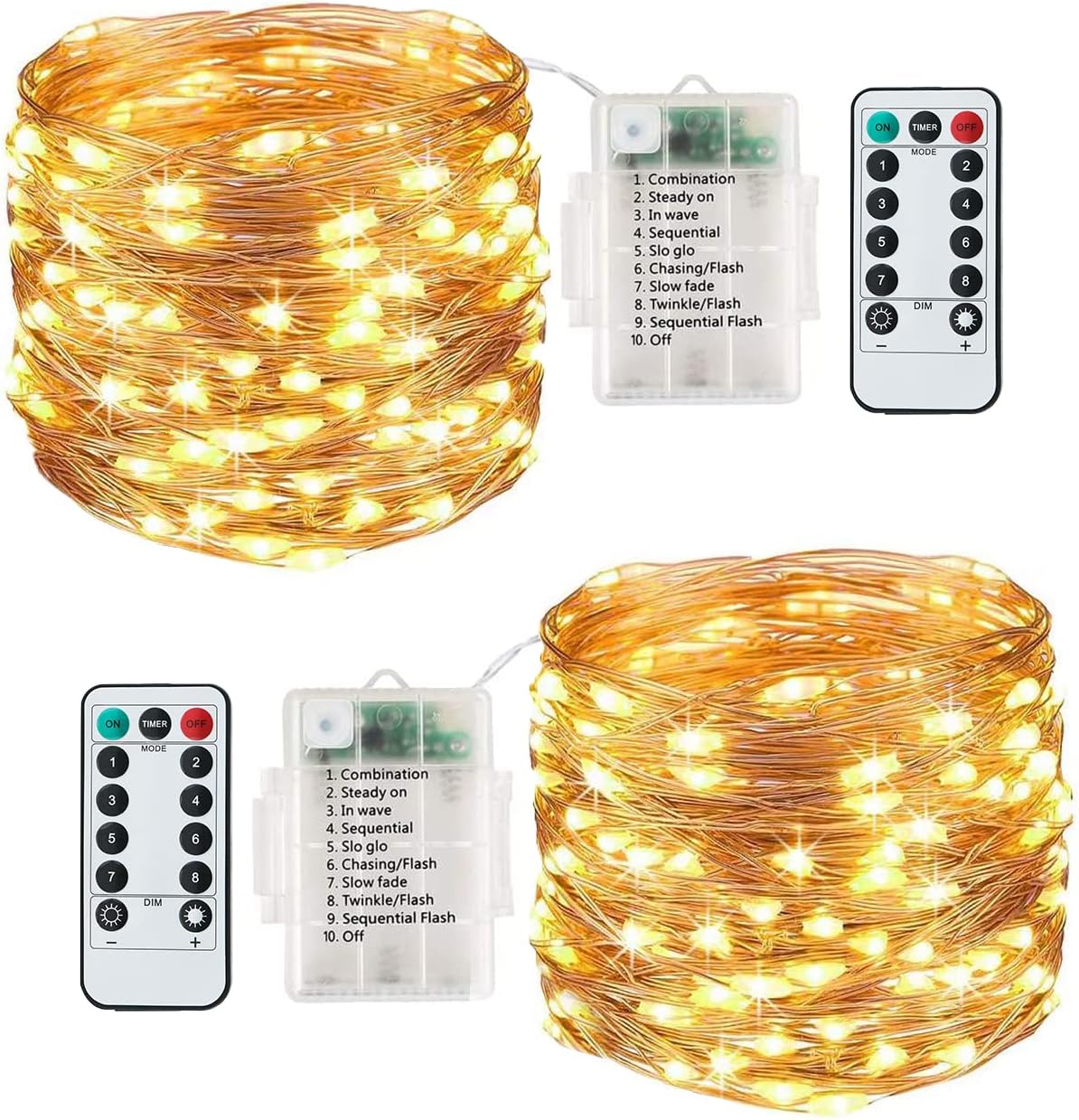 Lezonic [2 Pack] Fairy Lights, 120LEDs 13M 8 Modes String Lights Battery Operated, Indoor/Outdoor with Remote Timer for Bedroom, Party, Wedding, Christmas Decorations(Warm White)