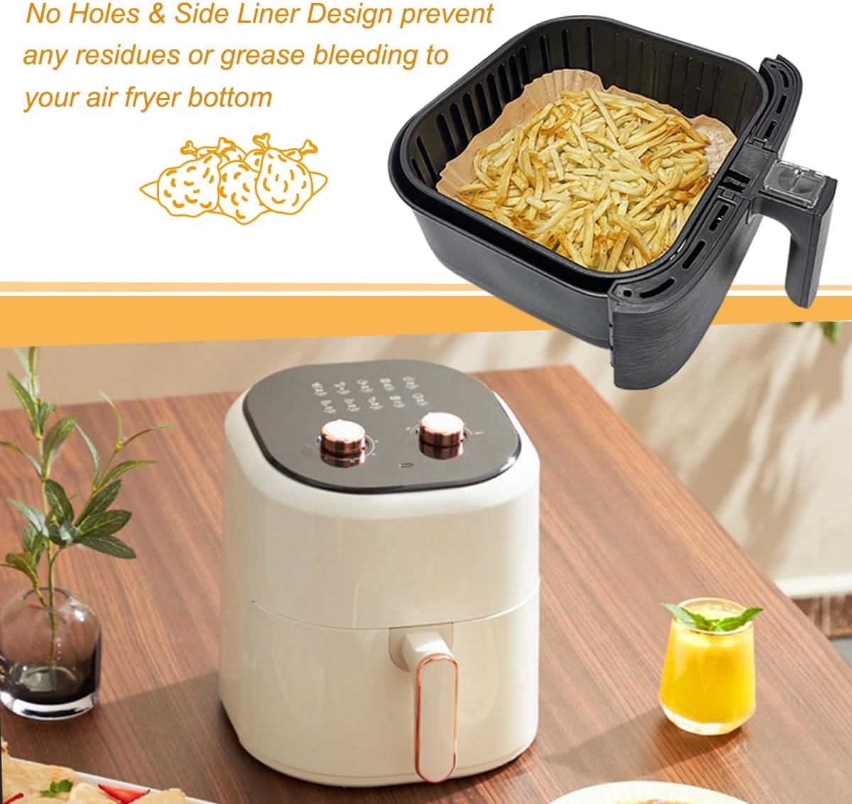 BYKITCHEN Air Fryer Parchment Paper Liner, 50PCS Square Air Fryer Liners Disposable, Greaseproof Paper, Compatible with COSORI, Ninja, Tefal, Russell Hobbs Fryers (Unbleached)