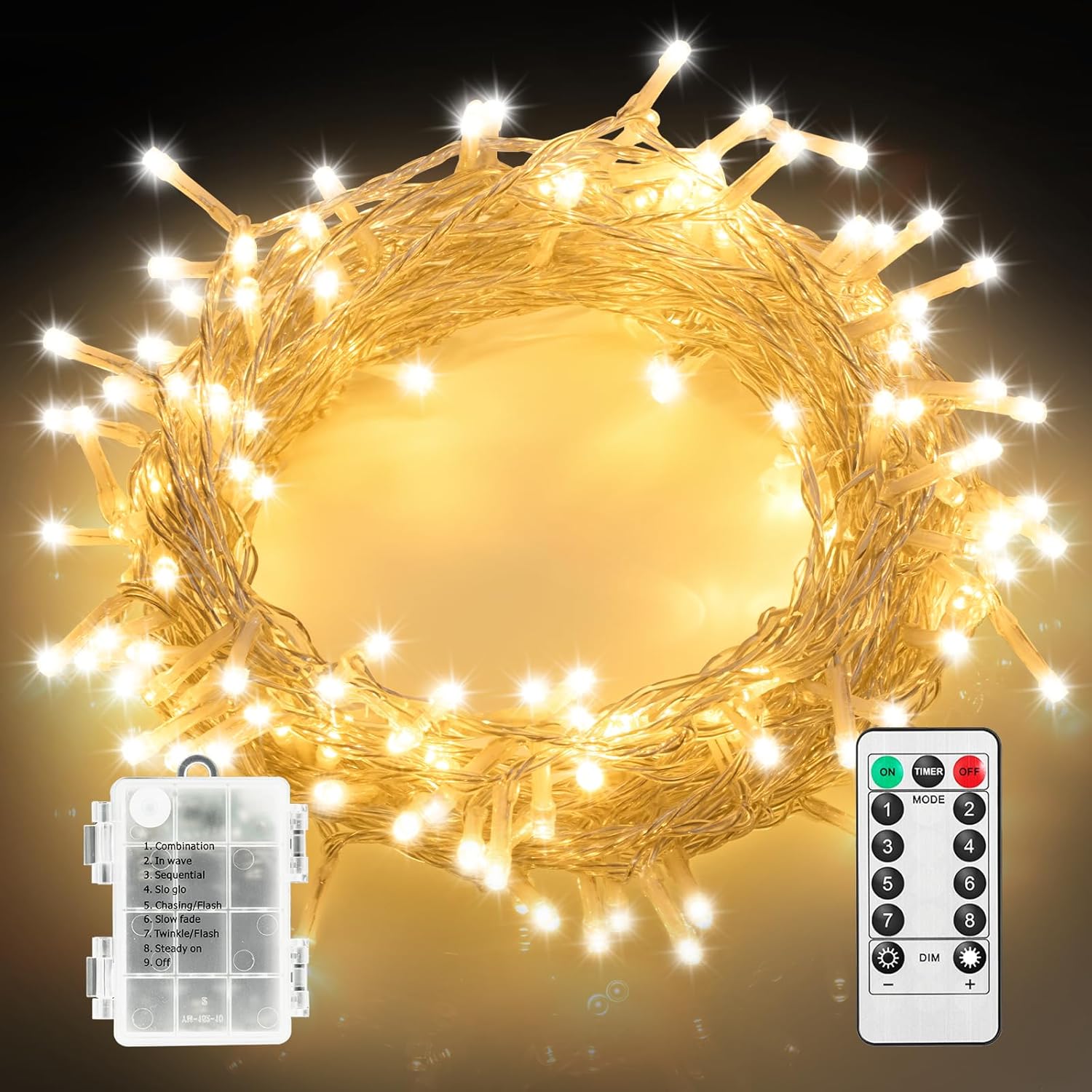 Twinkle Star Battery Fairy Lights Indoor Outdoor, 10m 100 LED Battery Christmas Lights with Timer/Remote/8 Mode/Dimmable, Waterproof String Lights for Party Xmas Tree Decorations, Warm White