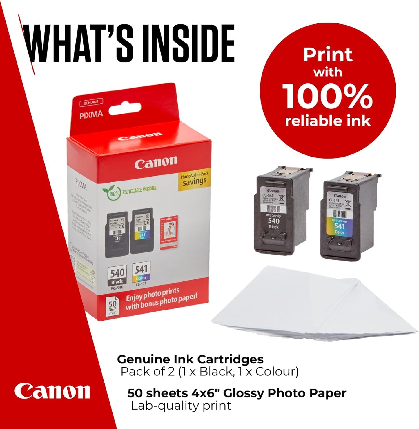 Canon Ink & Paper Multipack - PG-540/CL-541 Genuine Printer Ink Cartridges 2 Pack (1 x Black, 1 x Colour) & 4x6 Photo Paper (50 x Sheets)