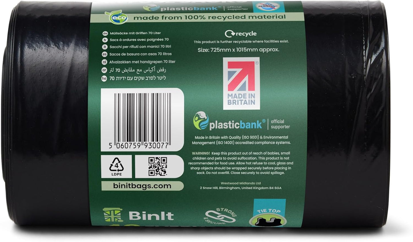 BIN IT 40 Tie Top, Everyday Refuse Sacks, Bin Bags, Bin Liners, 70 Litre, Recycled, Strong, Tear Resistant, 30 μm, Perfect for Every Day Use, Household, Office, Kitchen & Caterers