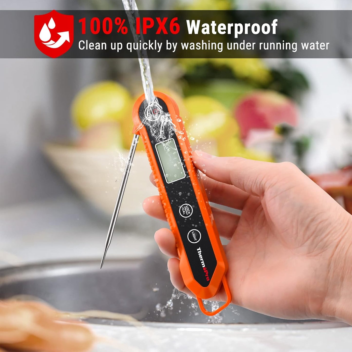ThermoPro TP03H Meat Thermometer with IPX6 Waterproof, Food Thermometer Foldable Food Temperature Probe with LCD Backlight Calibration Lock Fuction, Kitchen Digital Instant Read Probe for Oil Jam Milk