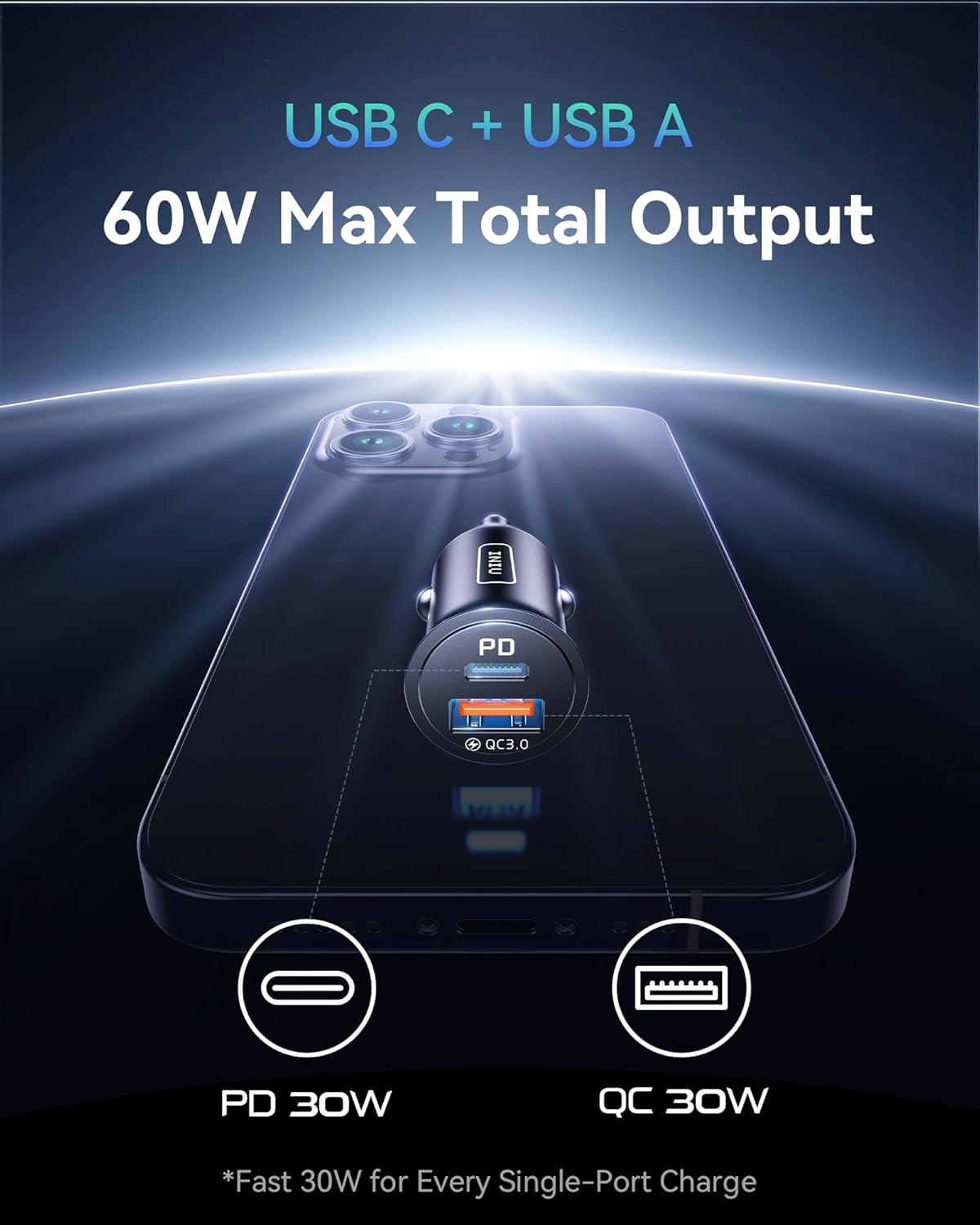 INIU Car Charger, Cigarette Lighter USB Charger Total 60W [USB C 30W+USB A 30W] 12V USB Socket, PD3.0 Fast Charge Car Phone Charger Metal Adapter for iPhone 16 15 14 13 12 Pro Max iPad Samsung Google