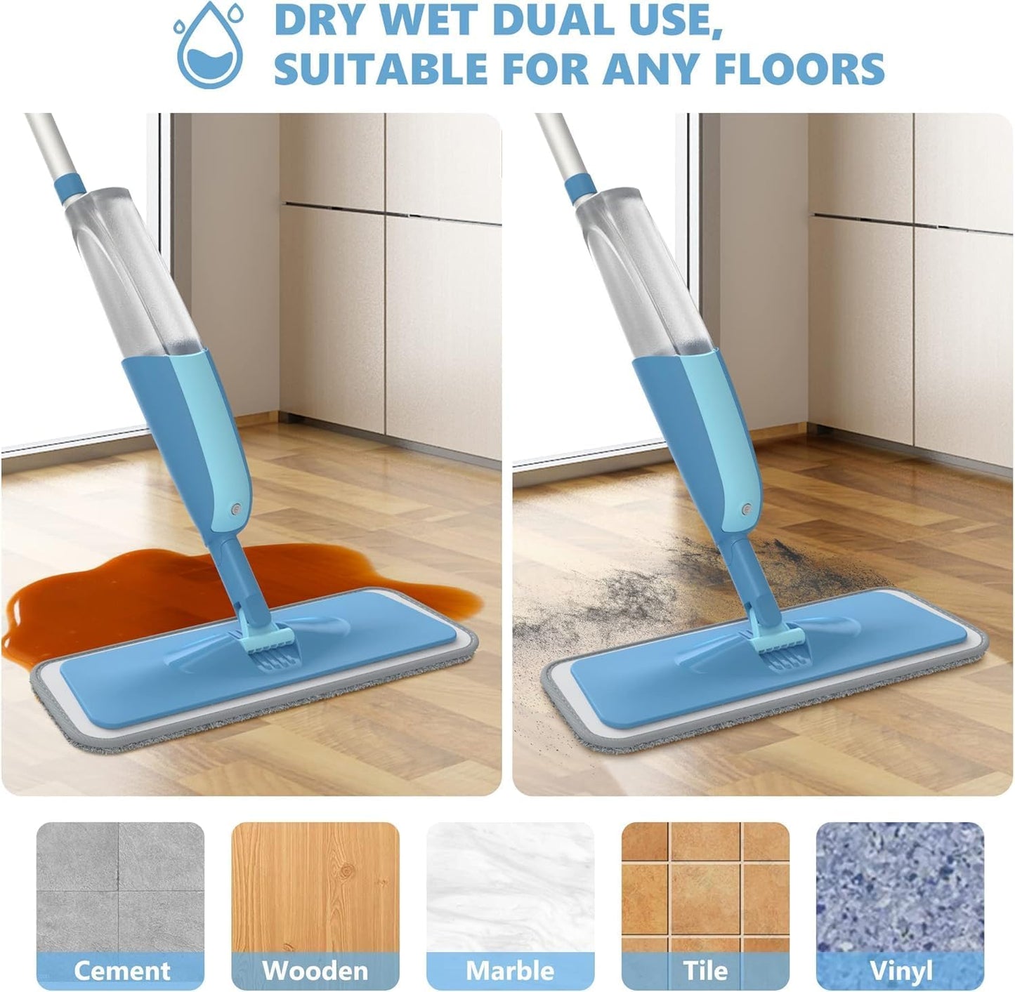 PAPCLEAN Microfibre Spray Mop with 3 Reusable Pads and Refillable Bottle, 360 Degree Spin Mop for Hardwood, Marble, Tile, Laminate, or Ceramic Floors - Cyan Blue