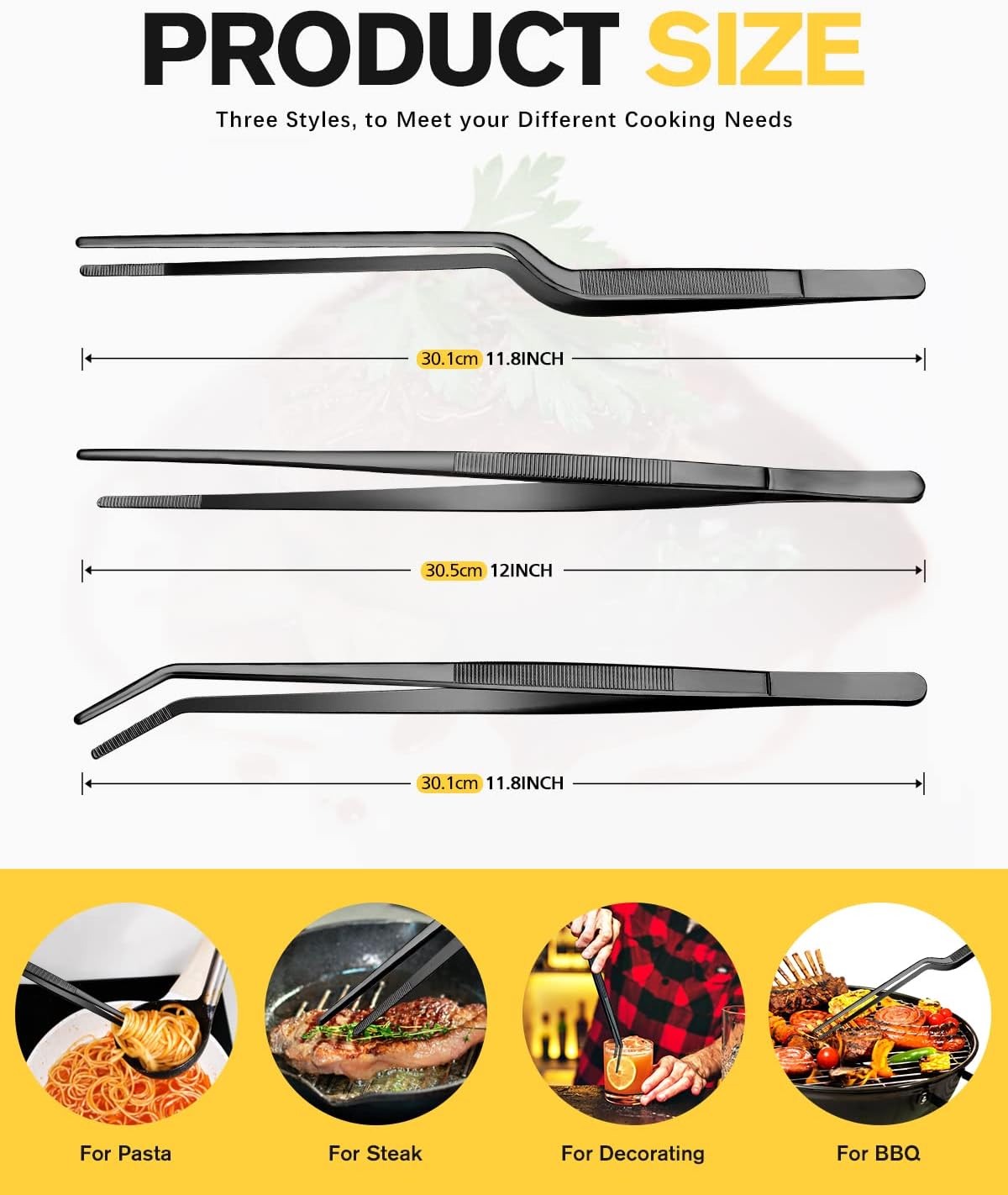 12 inch Fine Cooking Tweezers Set, Professional Stainless Steel Food Tongs, Kitchen Black Long Chef for Cooking, Plating, Decorating and BBQ
