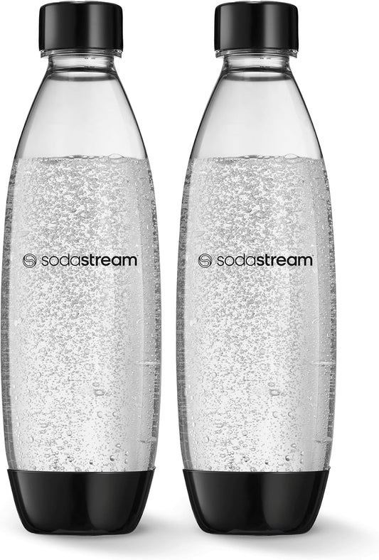 SodaStream 1 Litre Slim Reusable Dishwasher Safe Water Bottles Pack of 2 for Spirit, Terra, Art and Source Sparkling Water Makers for SodaStream Flavours - 2x 1 Litre Water, Black
