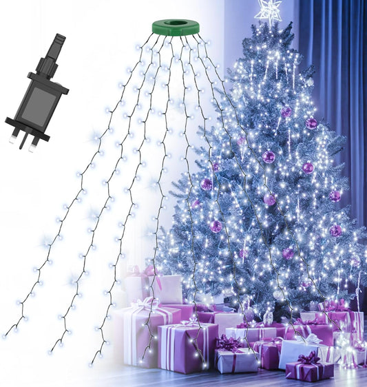 Gcstnn Christmas Tree Lights, 2m*16 Lines 400 LEDs Fairy Lights Mains Powered with 8 Light Modes,Memory & Timing Function,Waterproof for 1.5-2.5M(5-10ft) Christmas Tree Indoor and Outdoor- Cool White