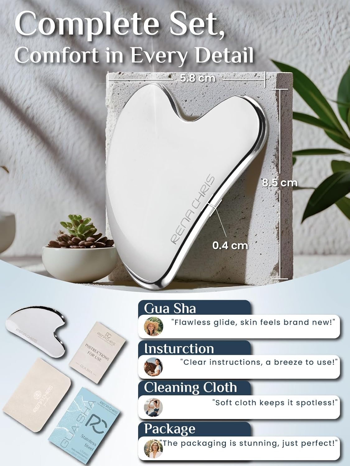 Rena Chris Stainless Steel Gua Sha, Metal Gua Sha for Jawline Sculpting and Puffiness Reducing, Facial Massage Tool, Skin Care Gift (Silver)