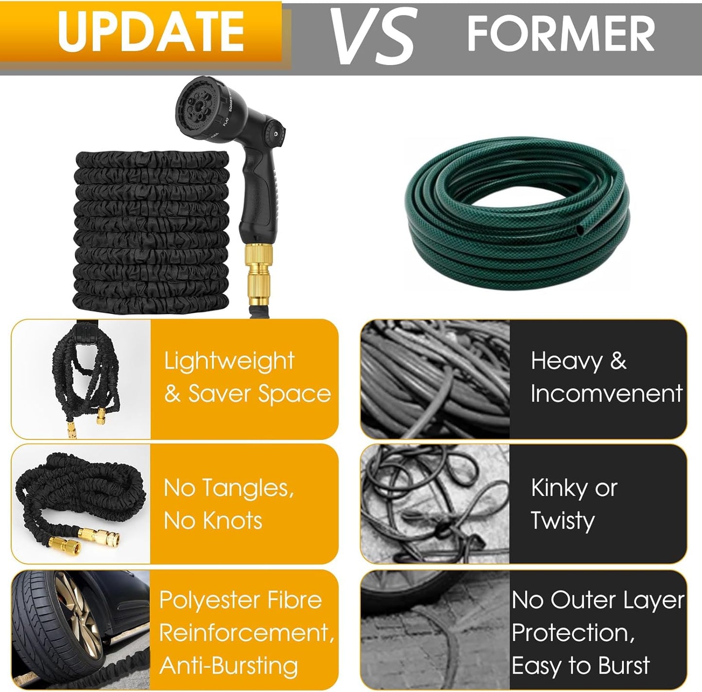 Expandable Garden Hose Pipe 100ft - Water Hose with 10 Functions Gun and 3/4", 1/2" Brass Fittings, Kink-Free Flexible Garden Hose, 3 Layers of Latex in an Expanding Hose Design for Easy Use & Storage