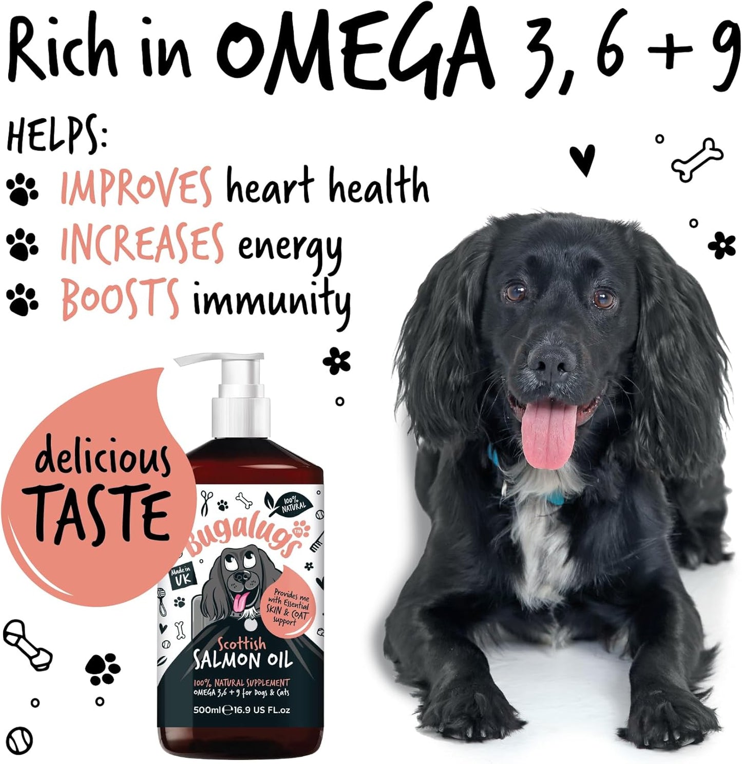 Bugalugs Scottish Salmon Oil For Dogs & Cats, Dog Supplement Support for Skin And Coat, Itchy Skin & Moulting, Omega 3 Fish Oil (Salmon, 500ml)