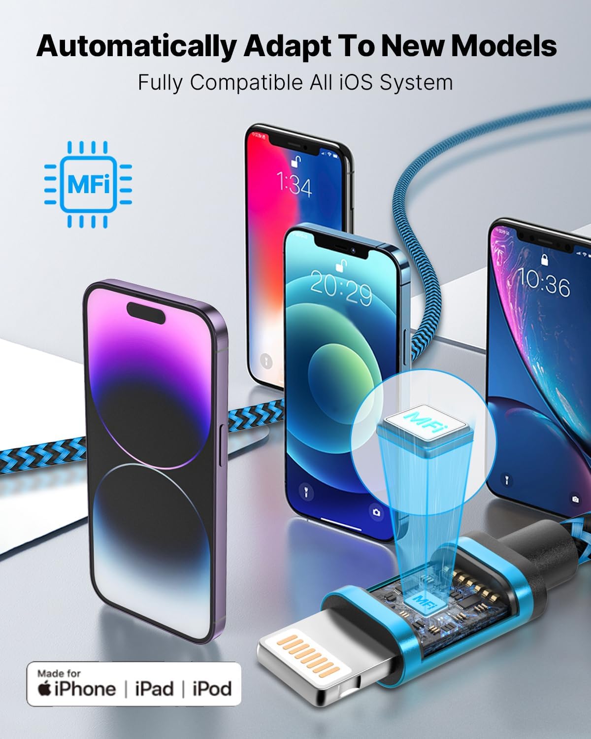 3Pack 2M iPhone Charger Cable, Long iPhone Charging Cable MFi Certified Lightning Cable Fast Charging Cord Braided i Phone Charger Lead USB Cord for Phone 14 13 12 11 Pro Max XS XR 8 7 6 SE, iPad