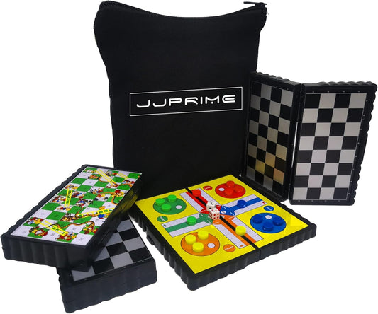 JJPRIME - Magnetic Travel Board Games Set of 4 Chess, Draughts, Ludo, Snakes and Ladders Game for Kids Travel Games For Kids On Plane | Magnetic Games For Kids Travel Chess Set Magnetic with Pouch