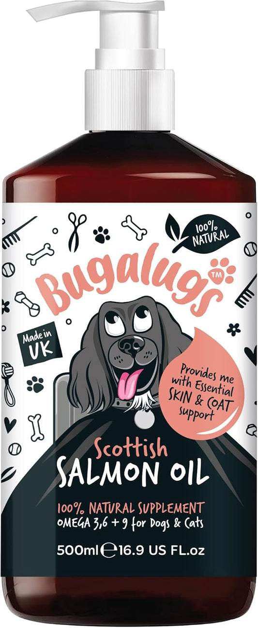 Bugalugs Scottish Salmon Oil For Dogs & Cats, Dog Supplement Support for Skin And Coat, Itchy Skin & Moulting, Omega 3 Fish Oil (Salmon, 500ml)