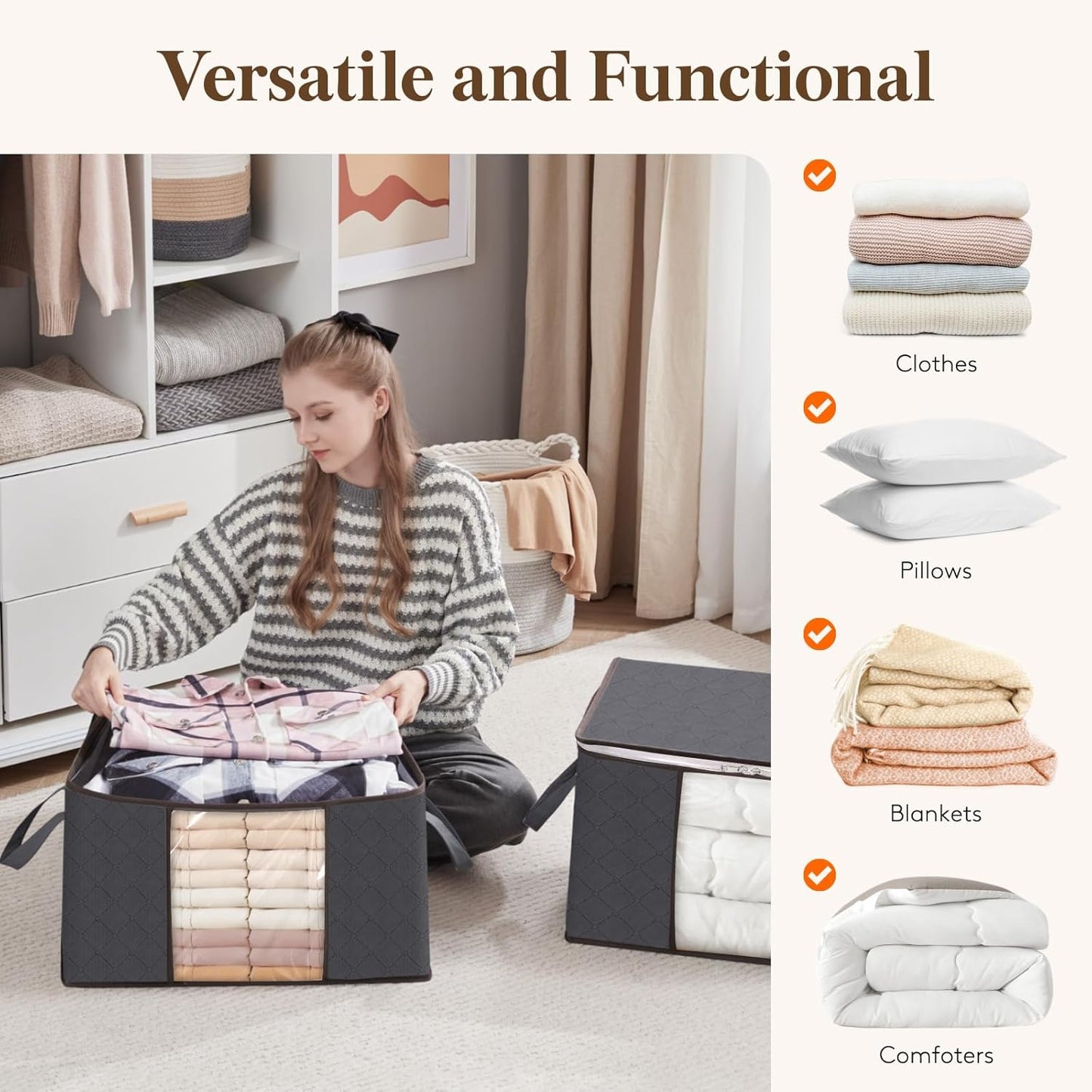 Lifewit 95L Clothes Storage Bags Large Storage Box With Lid Packing Boxes for Moving House With Reinforced Handle Thick Fabric Clear Window for Clothes Duvet Blankets Bedding, 3 Pack, Grey