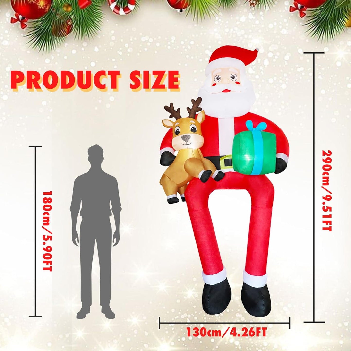 PIPIMOUSE 9.5Ft Christmas Inflatable Outdoor Decoration Giant Sitting Santa Claus Christmas Inflatables with LED Light Climbing Santa Inflatable Blow Up Yard Decorations for Xmas Roof Eaves Lawn Shrub