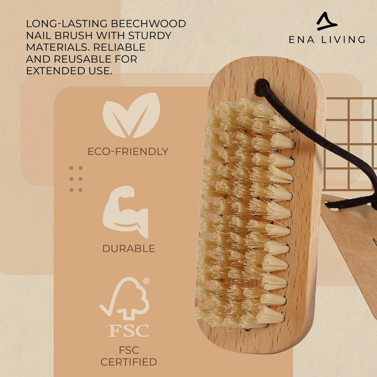 ENA Living Nail Brush (9.5x3.3 cm) Wooden Eco Nail Brush Sustainable Wooden Nail Brush Made From Beechwood Long Lasting and Sturdy Natural Nail Brush Cleaner