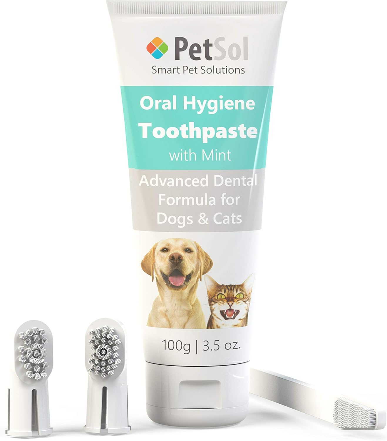 PetSol Dental Care Kit for Dogs & Cats Toothpaste (100g) with 3 x Toothbrushes to Clean Pet's Teeth, Remove Plaque and Tartar, Improve Gum and Tooth Health & Pet Oral Hygiene