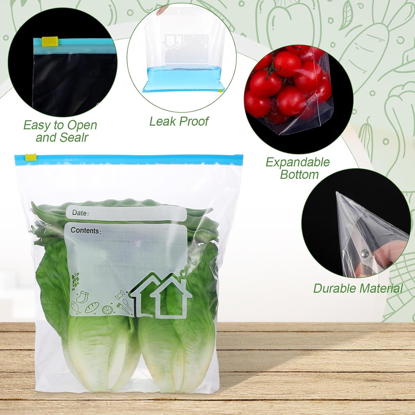 70 Pcs Food Storage Freezer Bags, 3 Sizes Zip Lock Bags (4.55L, 2.27L, 1L), Reusable Ziplock Bags Sandwich Bags with Expandable Bottom, Heavy Duty Food Bags for Fruits, Veggies, Meat, Snacks