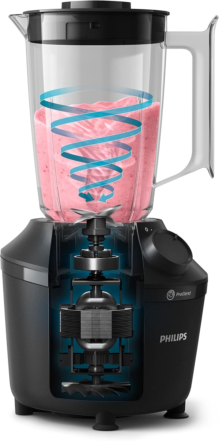 Philips Blender 3000 Series, ProBlend System, 1.9L Maximum Capacity, 1L Effective Capacity, 450W, 1 Speed Setting + Pulse, Plastic Jar, Black, (HR2041/01), Smooth blends with no lumps in 45 seconds