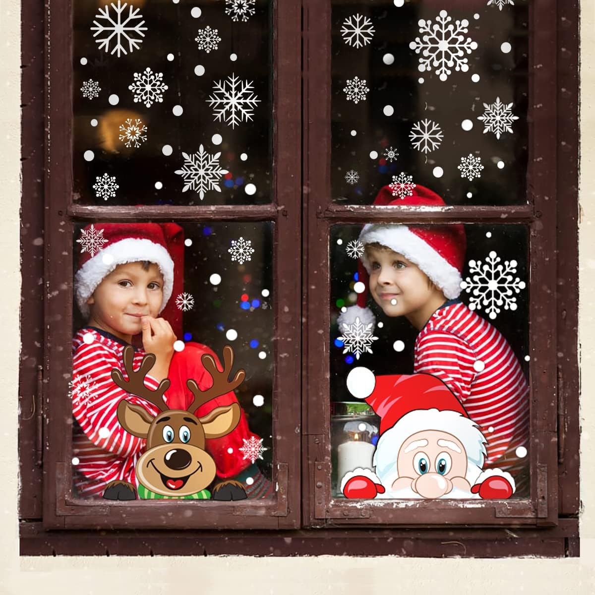 FINGOOO Christmas Window Stickers, 6 Sheets Peeping Santa and Rudolph Window Clings Snowflake Decal for Xmas Window Decoration