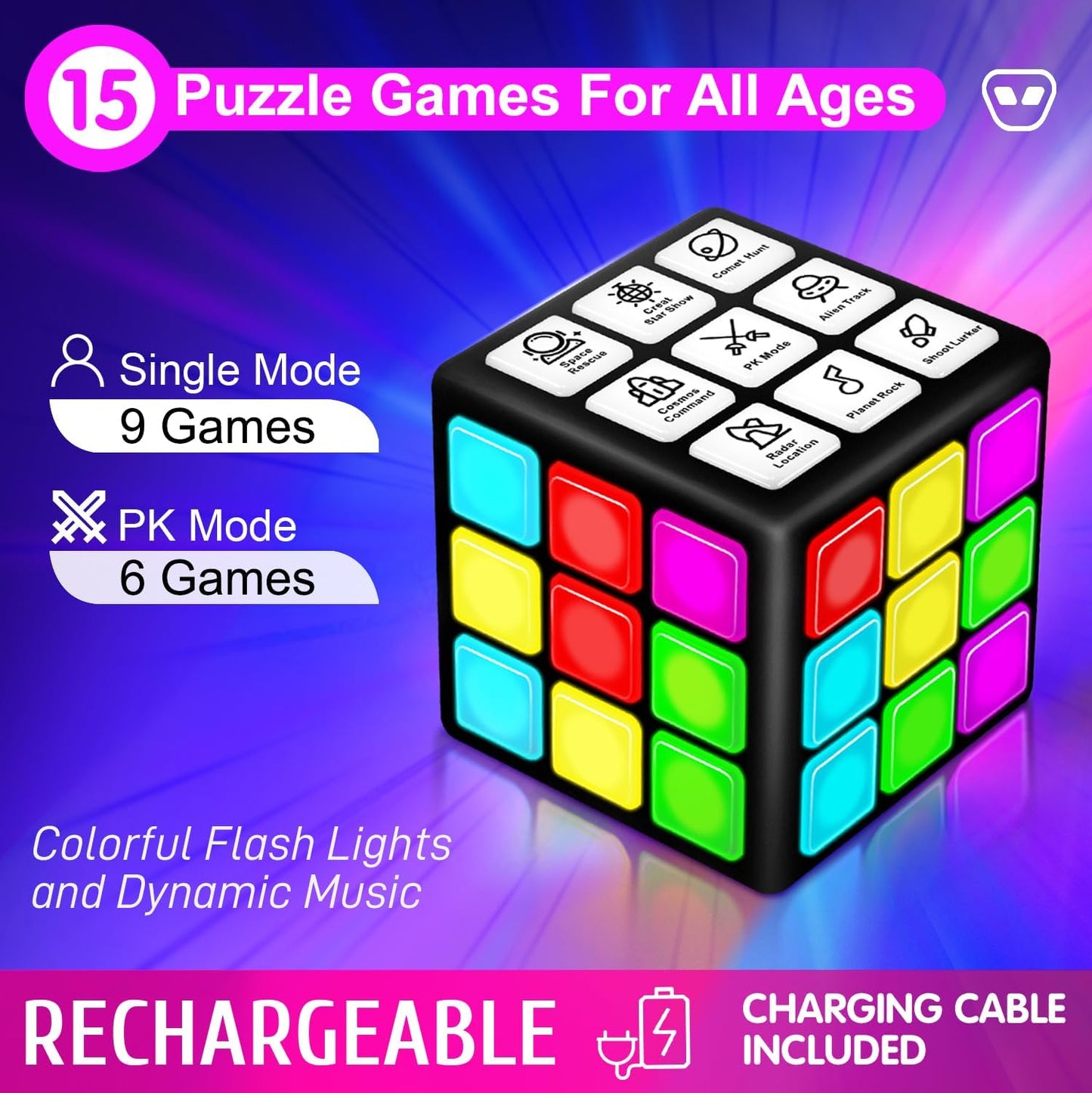 Rechargeable Game Handheld Cube, 15 Fun Brain & Memory Game with Score Screen, Cool Toys for Kids, Christmas Birthday Gifts for Boys Girls Aged 6-12+ Years Old (Black)
